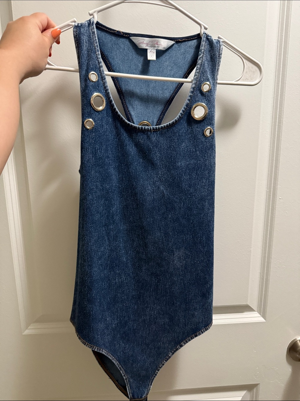 Denim Grommet Tank Bodysuit - Blue